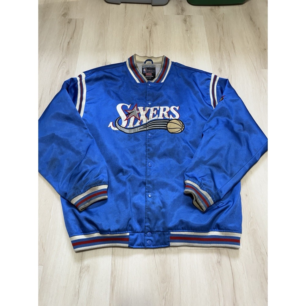Philadelphia 76ers NBA Satin Button Up Jacket Coat UNK Men's Size 2XL Blue Snap